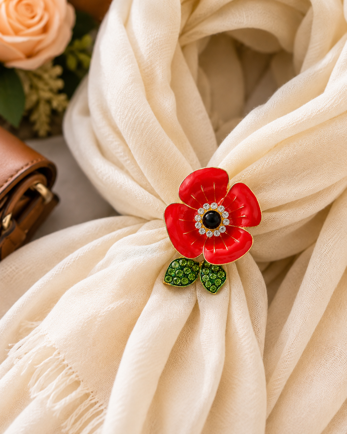 Sunflower & Red Flower Enamel Brooch Pin Set | 2 Piece Rhinestone Floral Pins