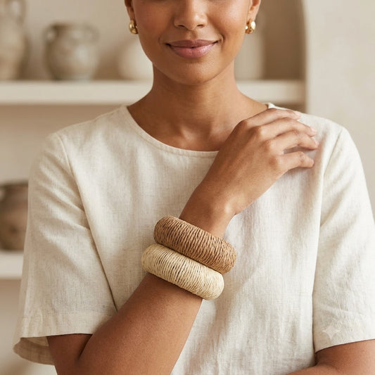Woven Raffia Bangle Neutral Boho Stackable Straw Bracelet