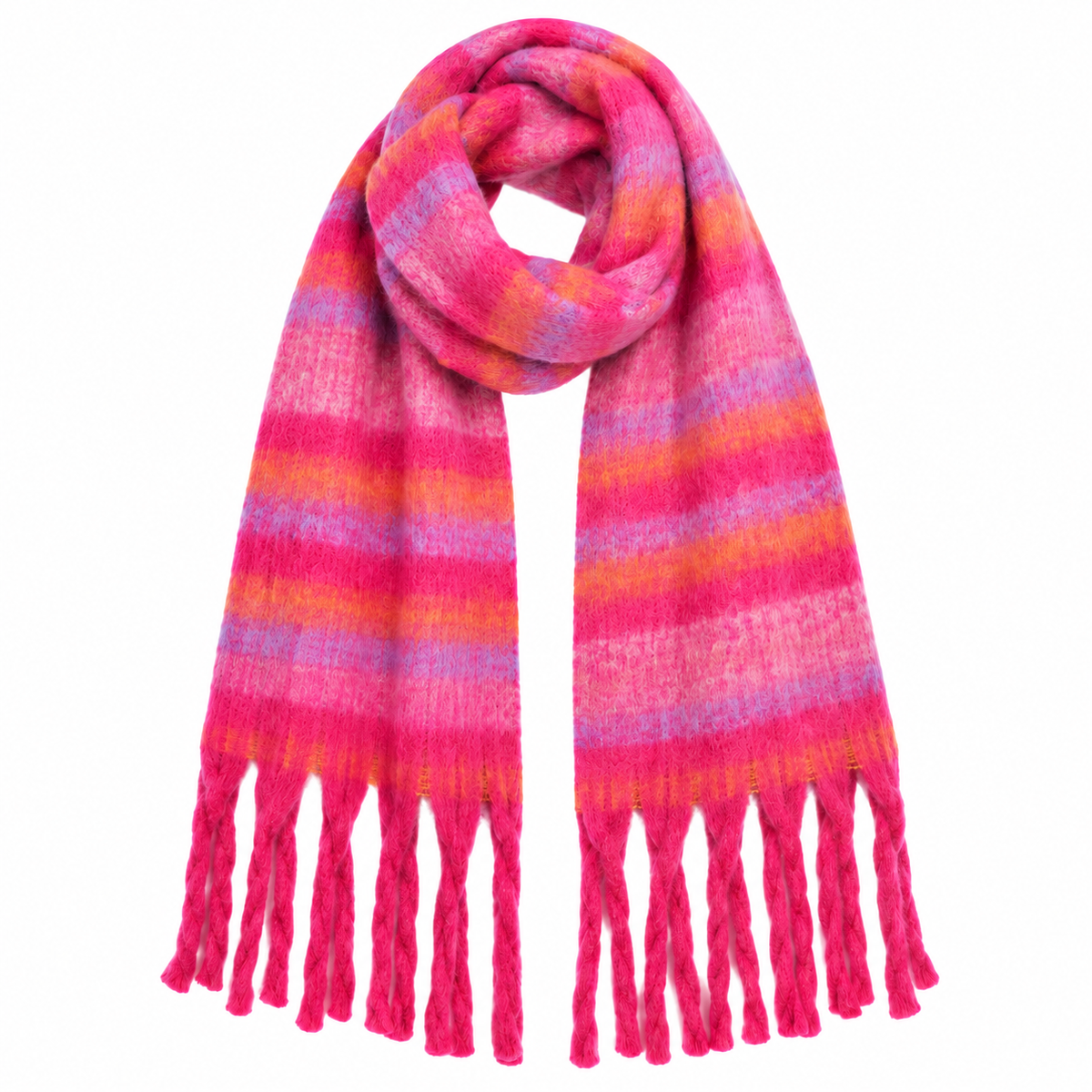 Women's Pink Striped Knitted Tassel Scarf Winter Warm Cozy Pashmina Shawl