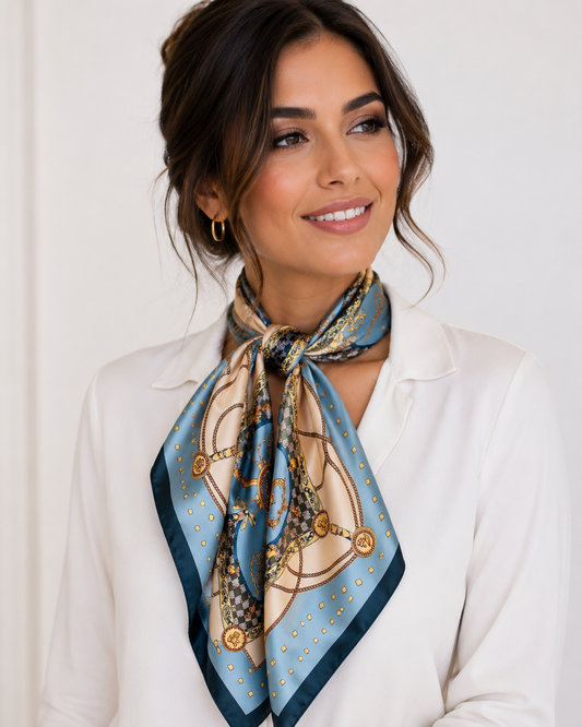 2pcs  Luxury Silk Feel Square Scarf Blue Gold Chain Medallion Print Equestrian