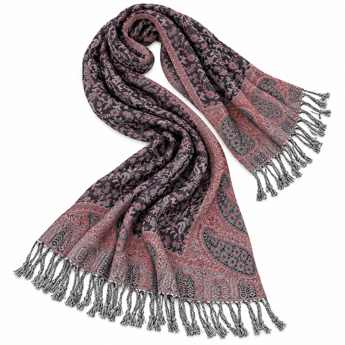 Women’s Black & Pink Floral Paisley Scarf with Fringe