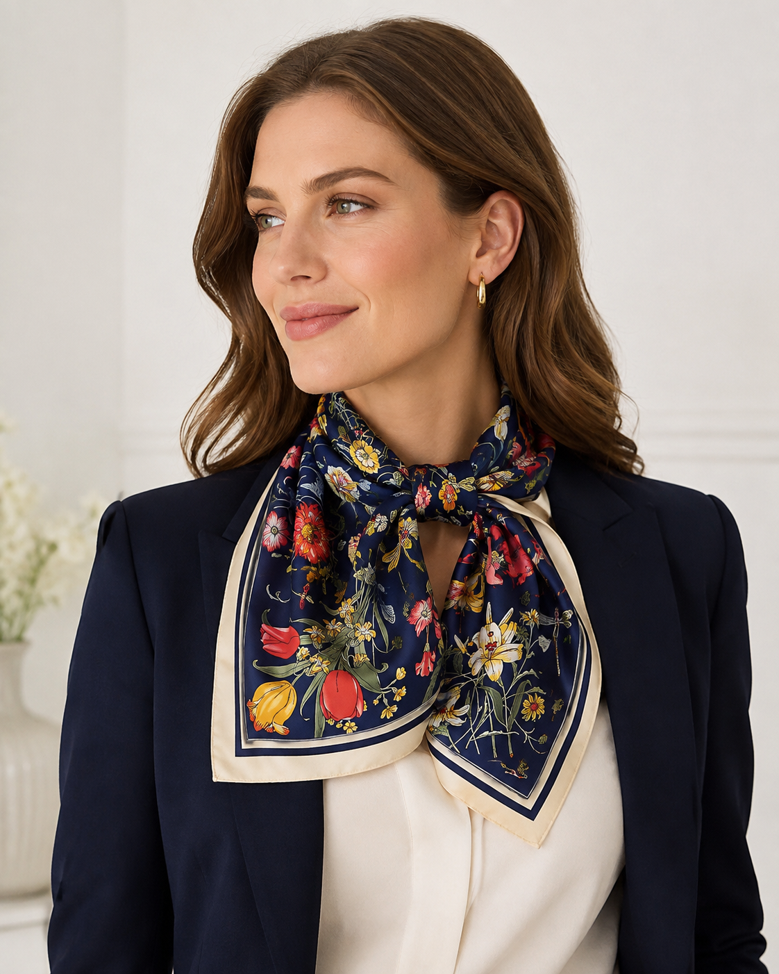 100% Silk Twill Floral Square Scarf 51" x 51" Navy Botanical Print