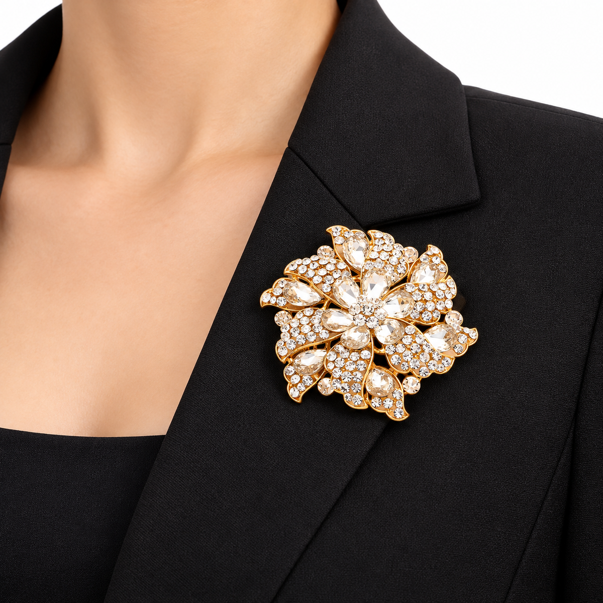 Oversized Gold-Tone Floral Rhinestone Statement Brooch – 4 Inch