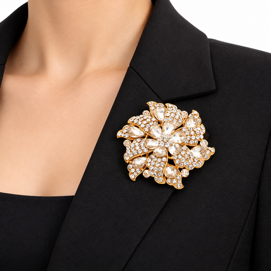 Oversized Gold-Tone Floral Rhinestone Statement Brooch – 4 Inch