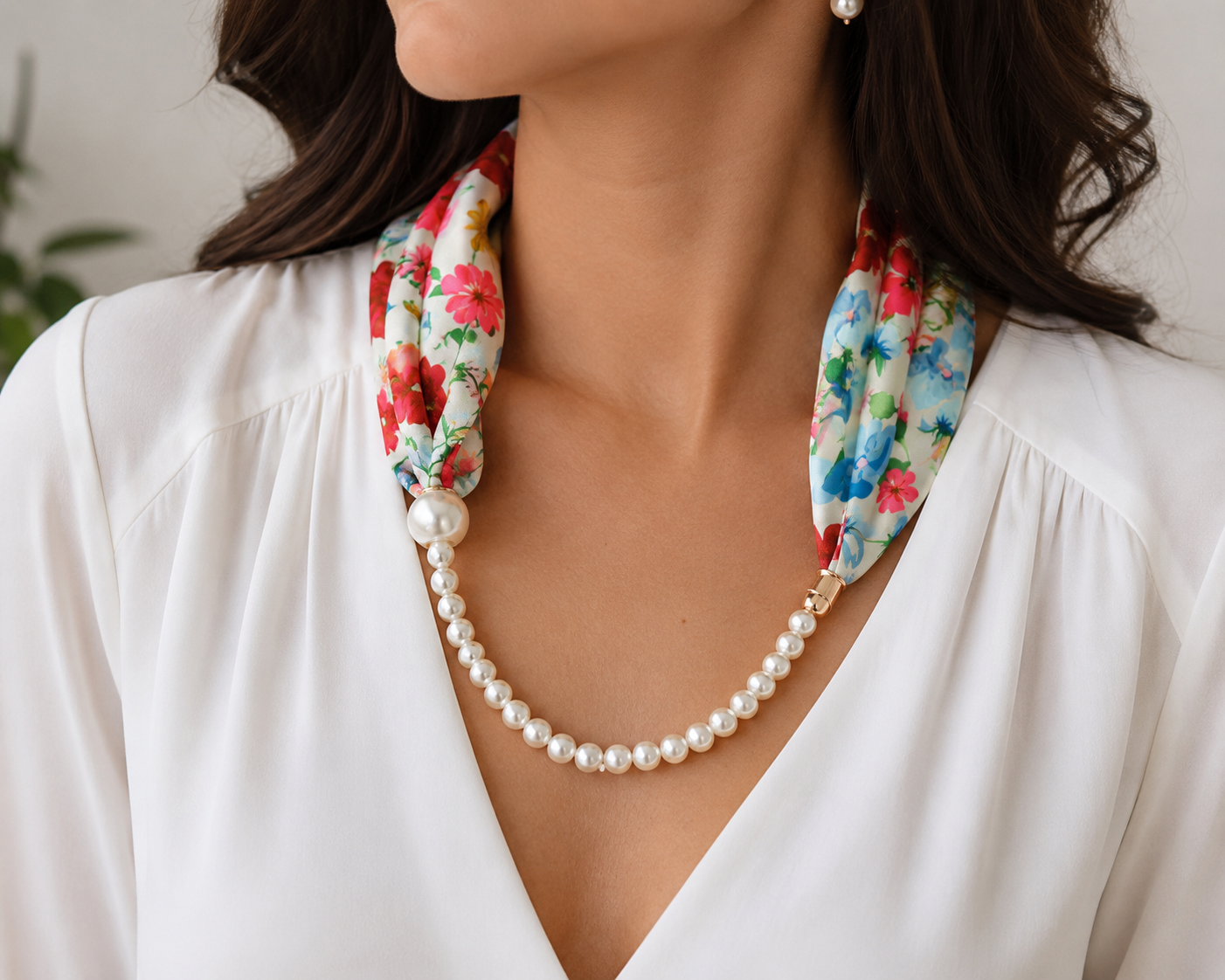 Floral Print Scarf Pearl Magnetic Necklace