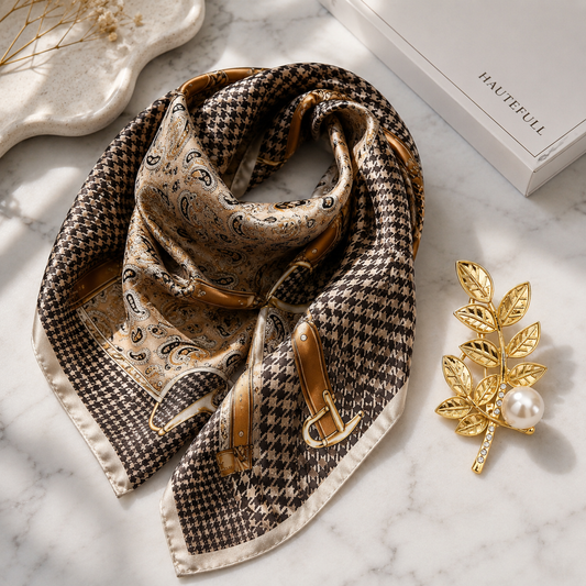Paisley Houndstooth Silk-Feel Scarf & Gold Leaf Pearl Brooch Set
