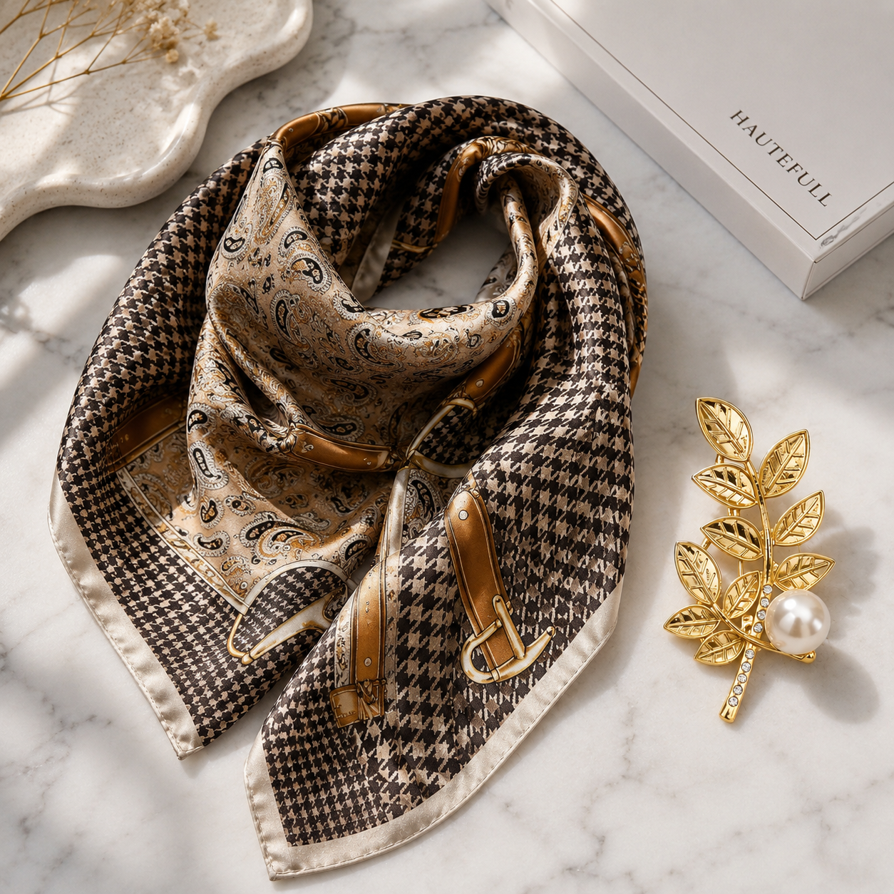 Paisley Houndstooth Silk-Feel Scarf & Gold Leaf Pearl Brooch Set
