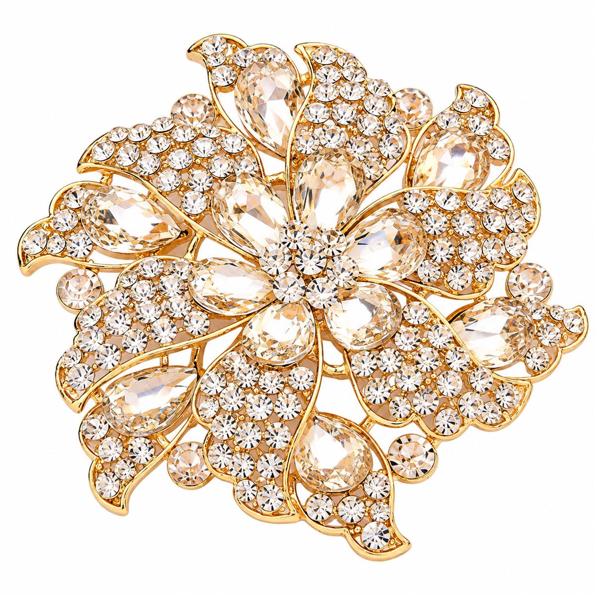 Oversized Gold-Tone Floral Rhinestone Statement Brooch – 4 Inch