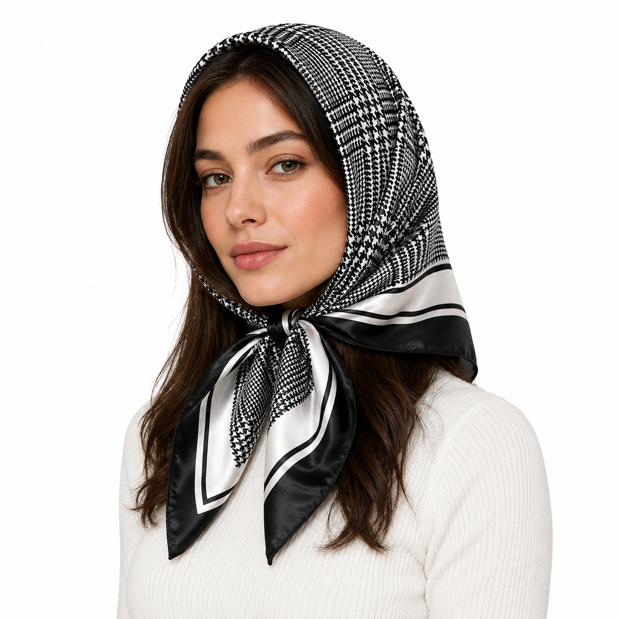 Houndstooth Glen Plaid Silk-Feel Square Scarf 35"x35"