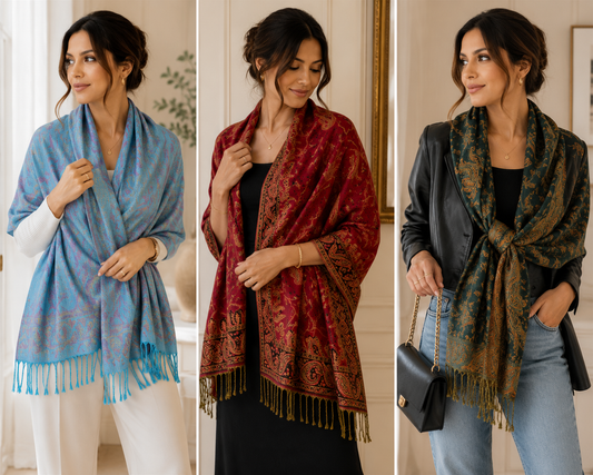 3 PC Paisley Pashmina Shawl Set - Teal Red Blue Floral Wrap Scarf with Tassels