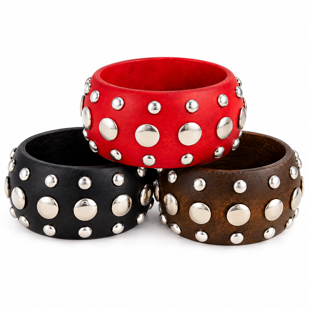 3-Piece Chunky Studded Bangle Bracelet Set in Red, Black & Brown