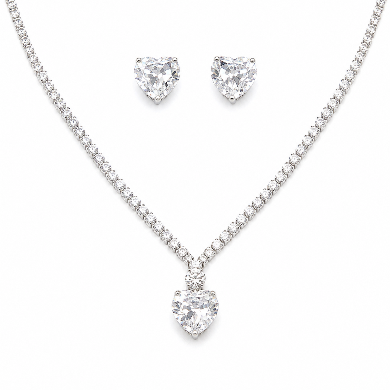 CZ Crystal Heart Pendant Necklace & Stud Earring Set