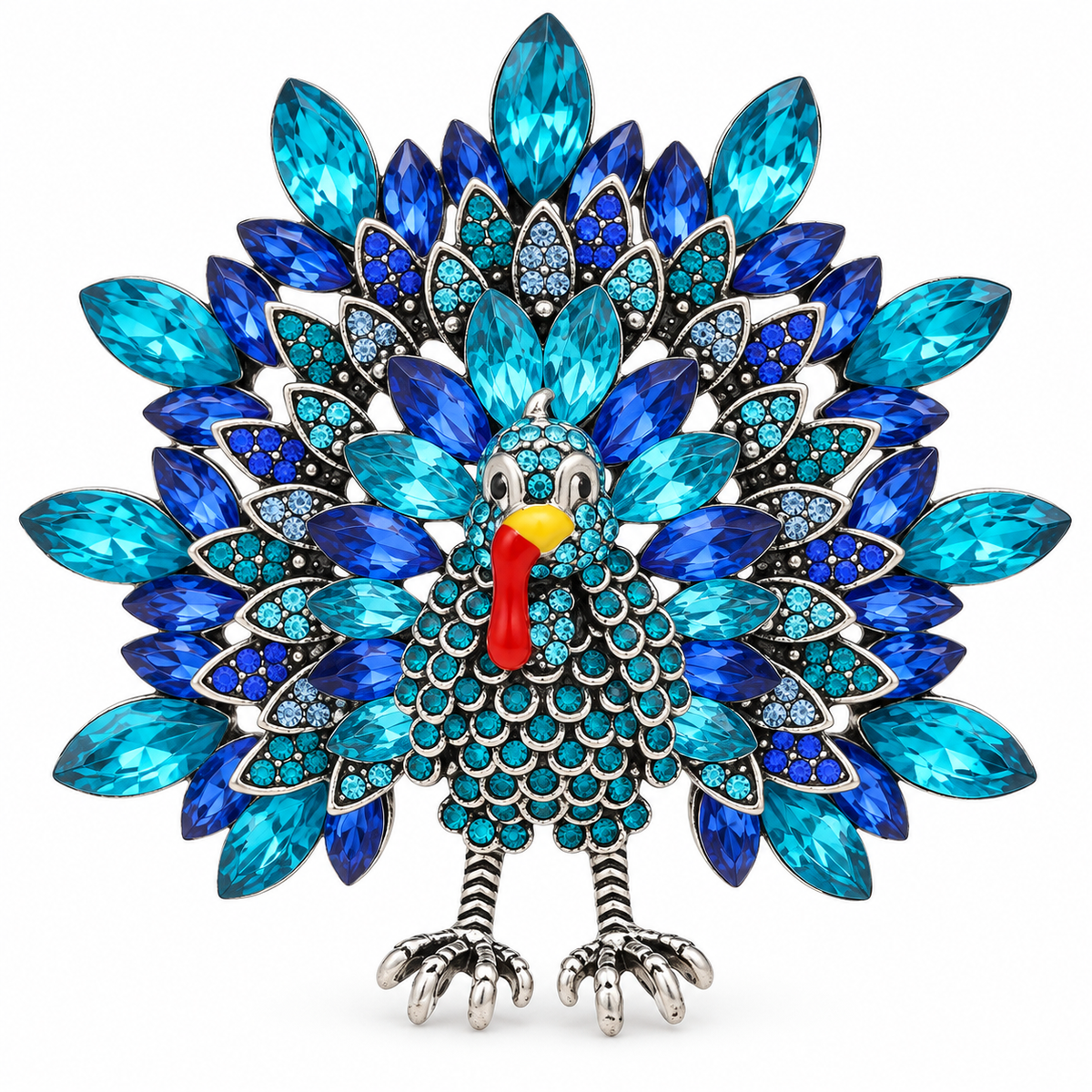 Rhinestone Turkey Brooch Set of 2 – Blue & Gold Thanksgiving Pins