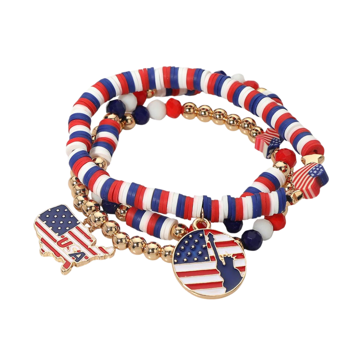 3 Piece Patriotic Bracelet Set USA Charm Stackable Jewelry Red White Blue 2.3 Inch