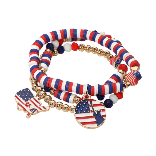 3-Piece Patriotic Bracelet Set | USA Charm Stackable Red White Blue Stretch Bracelets 2"
