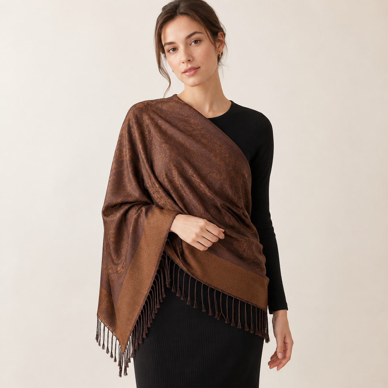 Brown Paisley Jacquard Pashmina Shawl Wrap | 35" x 71" | Fringed Winter Scarf for Women