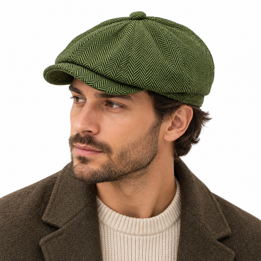 Men's Olive Green Herringbone Newsboy Cap – 8-Panel Baker Boy Hat