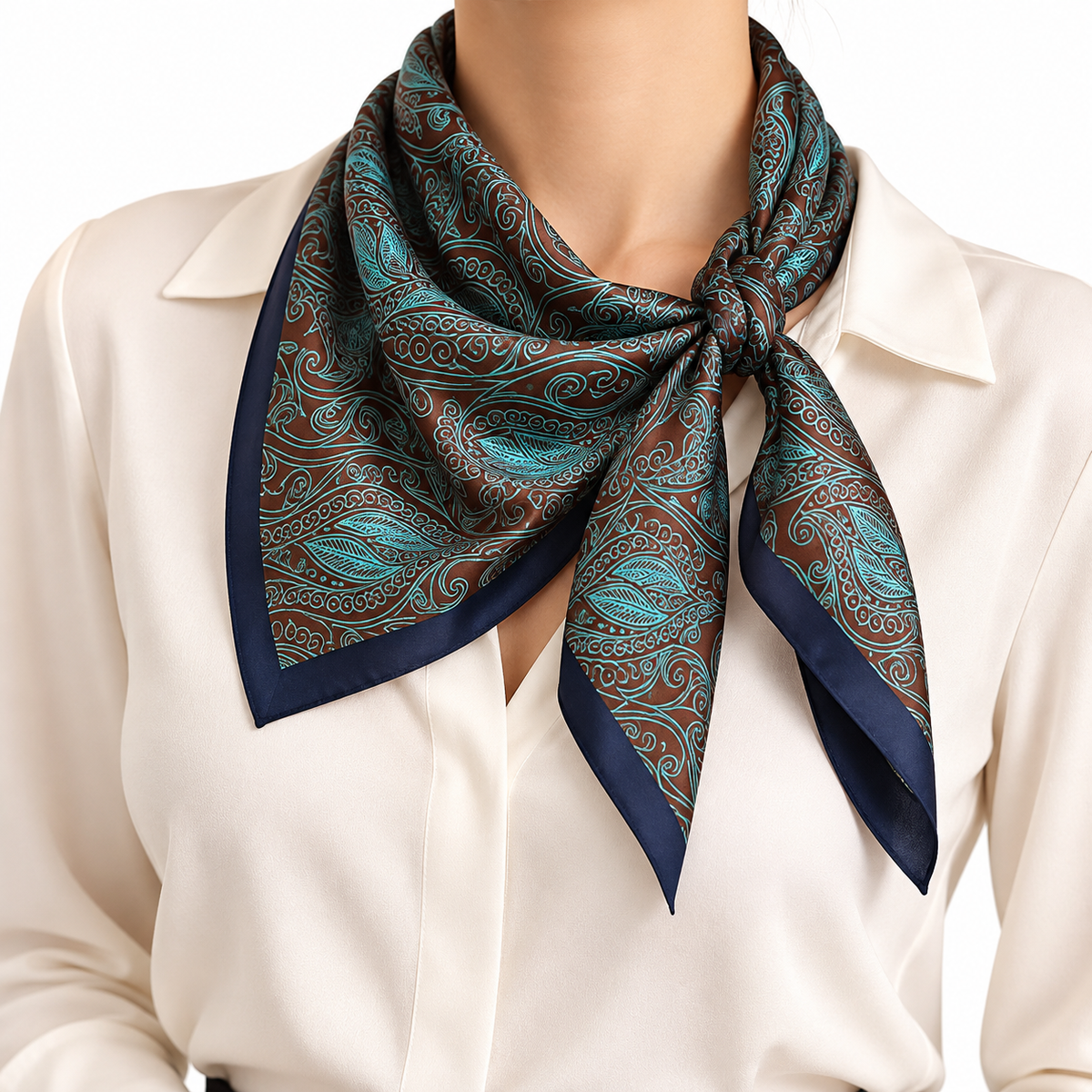 Teal & Brown Paisley Satin-Feel Square Scarf, 27.56 x 27.56 Inches