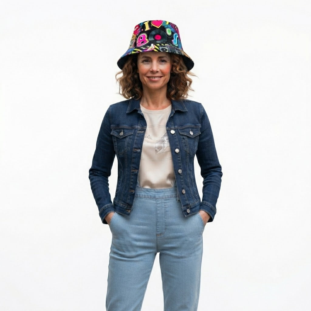 Retro 80s Reversible Bucket Hat Neon Pop Art Festival Sun Cap Black I Heart 80s