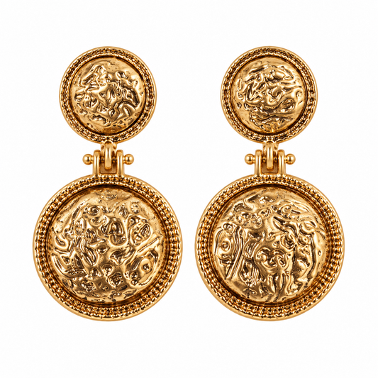 Textured Gold Coin Statement Drop Earrings