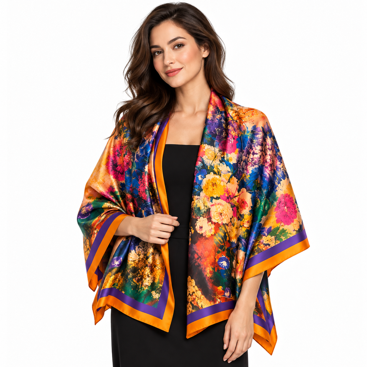 Floral Bouquet Silk-Feel Satin Wrap Scarf