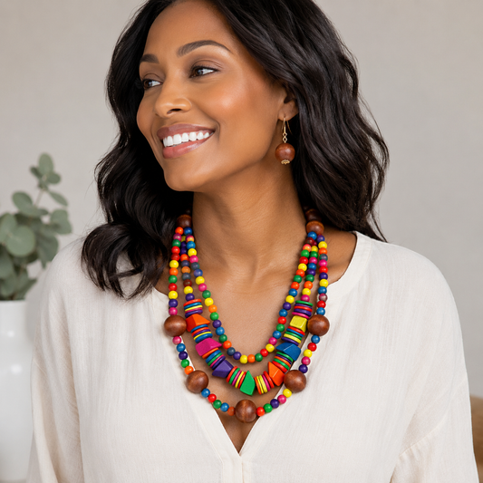 Wood Ball Beaded Triple Layered Statement Necklace for Women Fashion Jewelry
