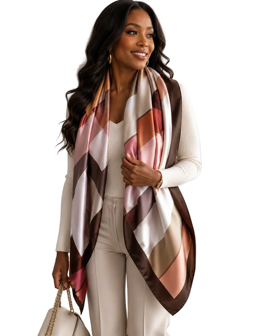 Silk Feel Large Scarf Geometric Print Brown Pink Shawl Wrap 71" x 35"