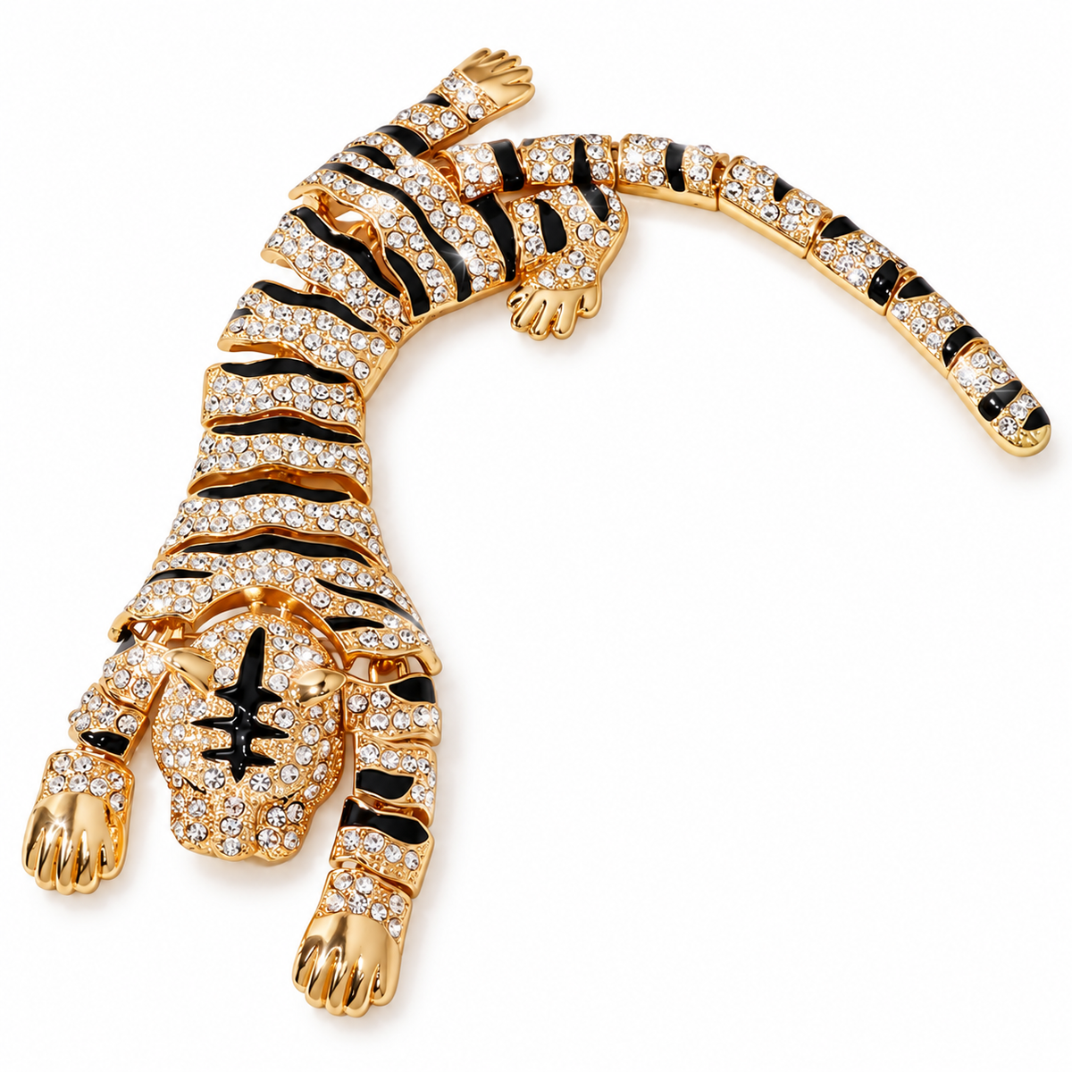 Oversized Rhinestone Tiger Brooch with Black Enamel Stripes