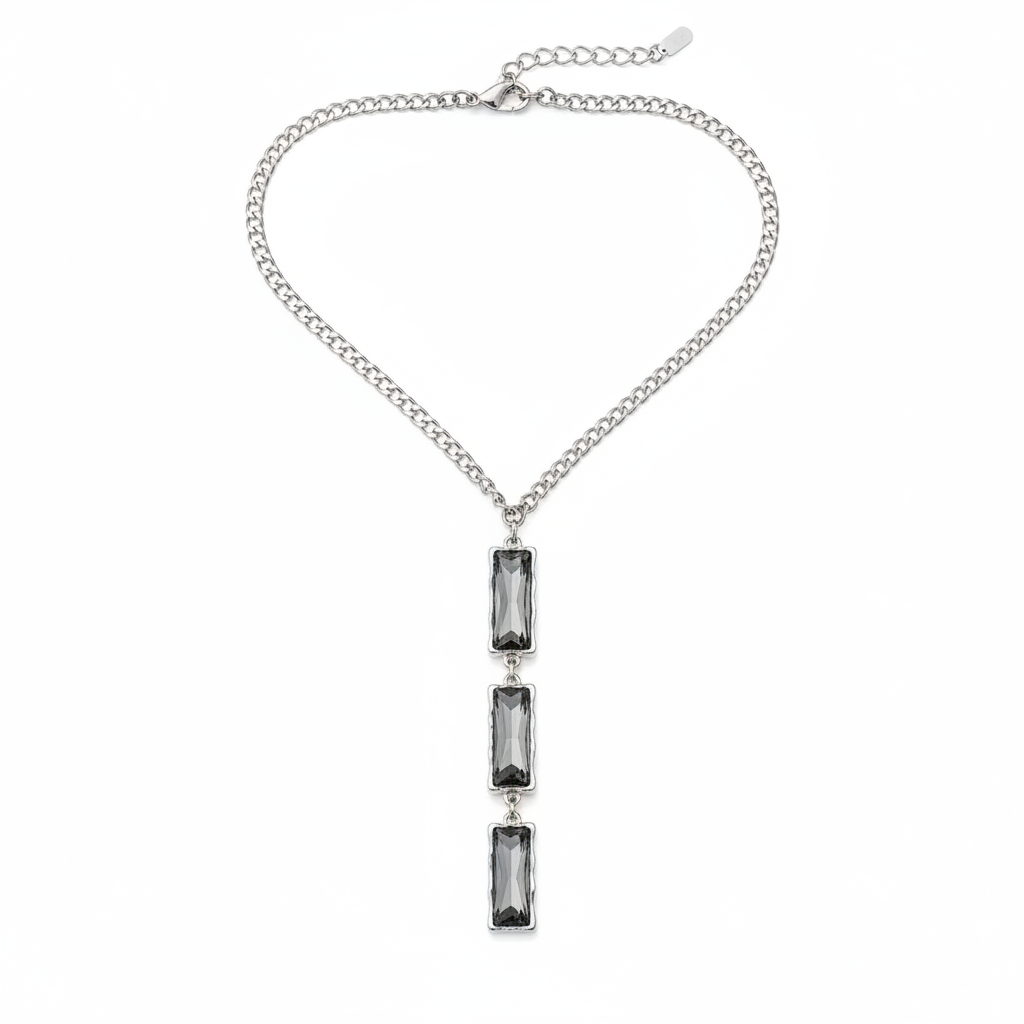 3 Stone Grey Crystal Necklace – Flat Lay