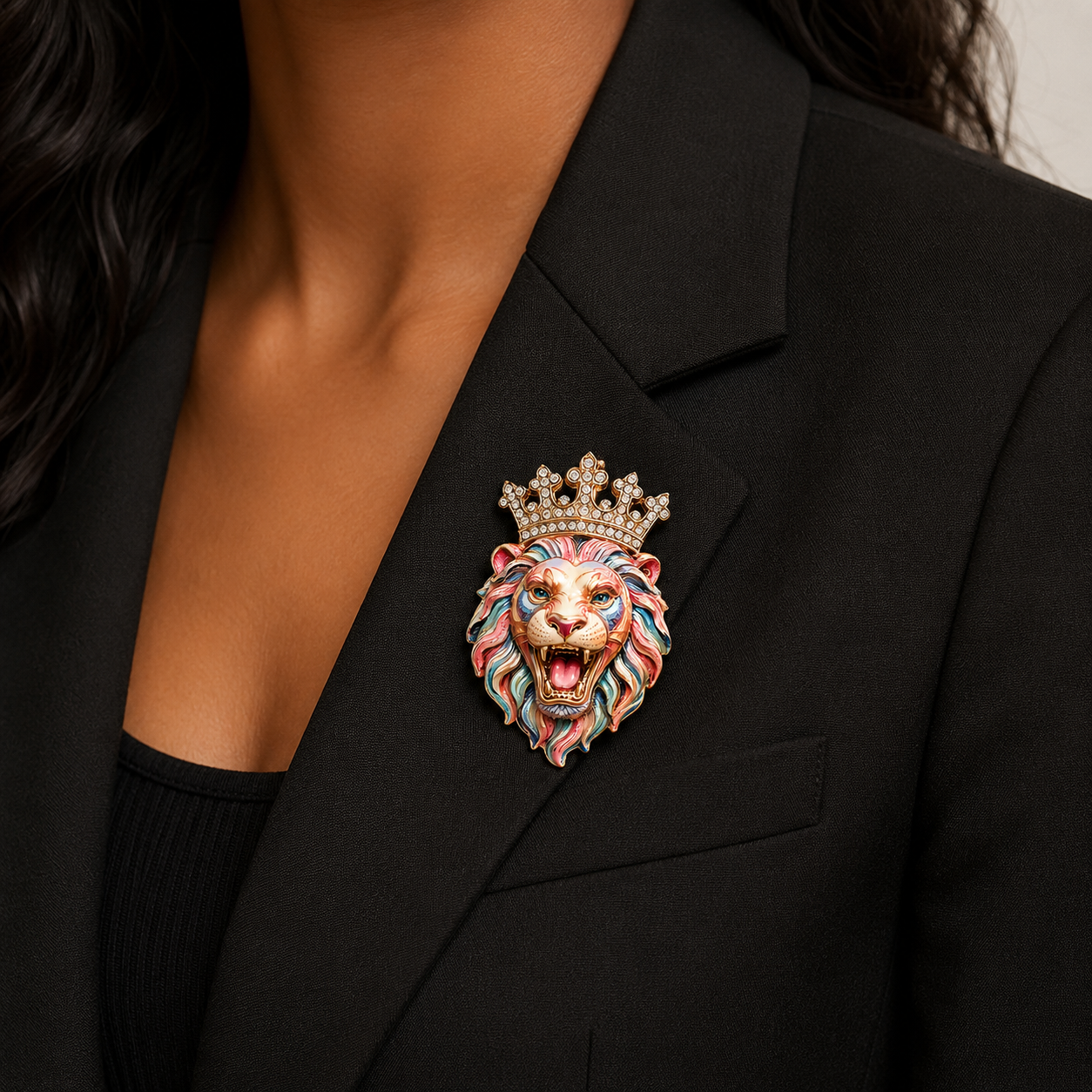 Colorful Crowned Lion Head Brooch Crystal Enamel Statement Pin