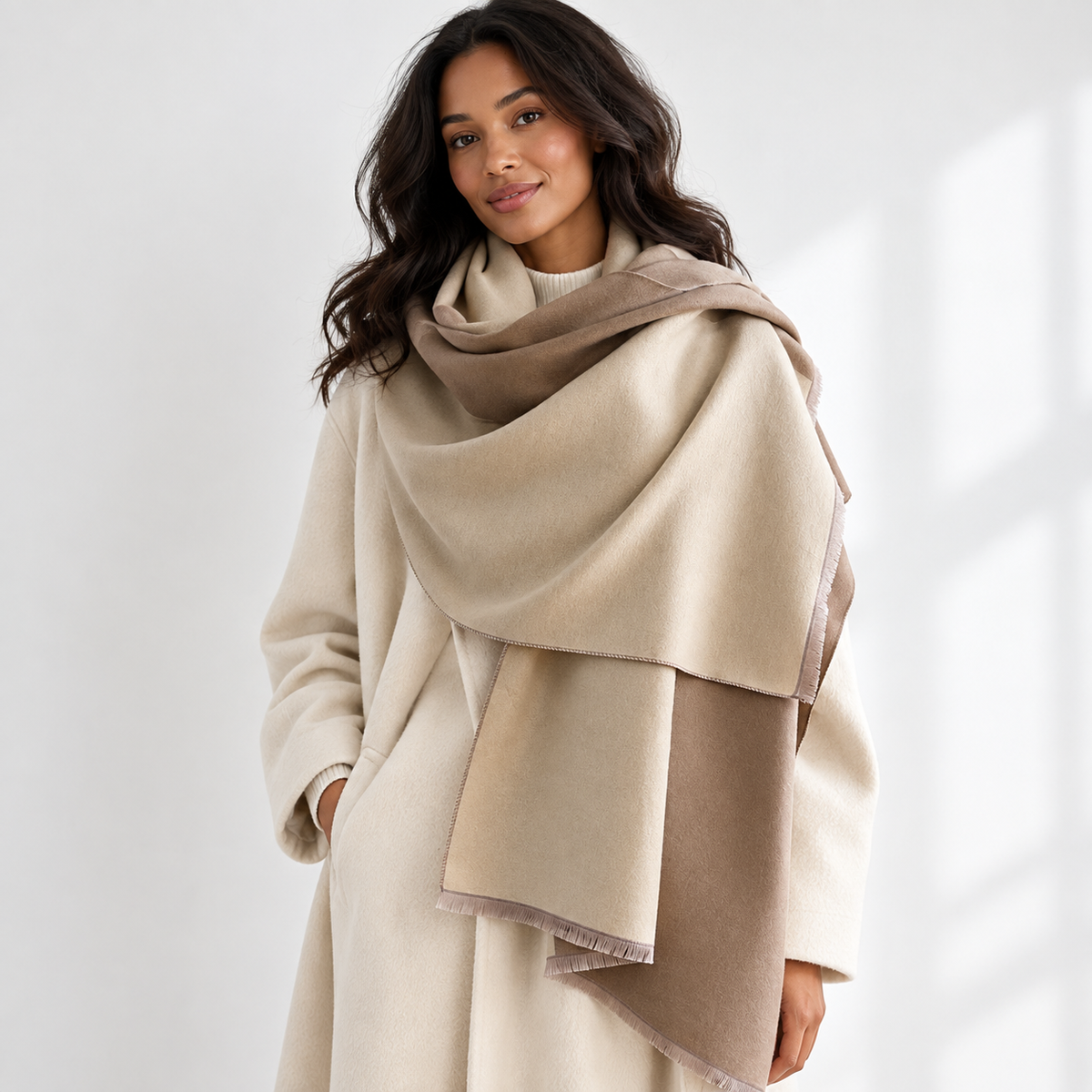 Reversible Two-Tone Shawl Wrap Scarf | Cashmere-Soft | Beige & Brown | 72.8"