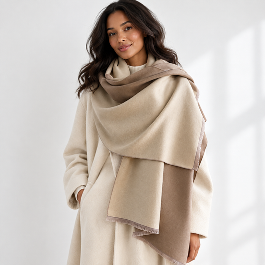 Reversible Two-Tone Shawl Wrap Scarf | Cashmere-Soft | Beige & Brown | 72.8"