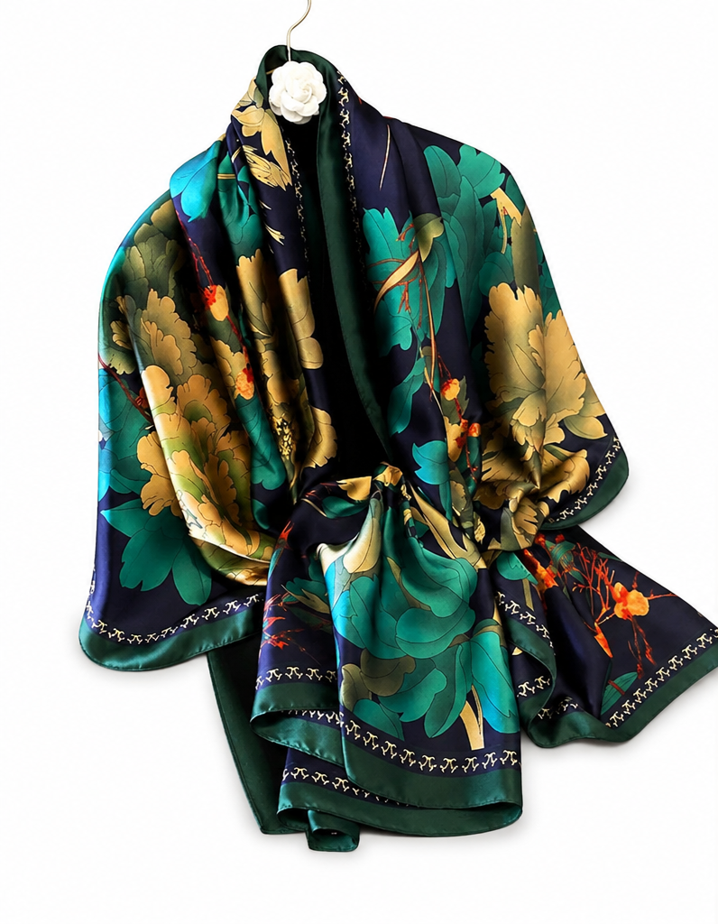 Navy Peony Botanical Print Silk-Feel Scarf 35" x 71"