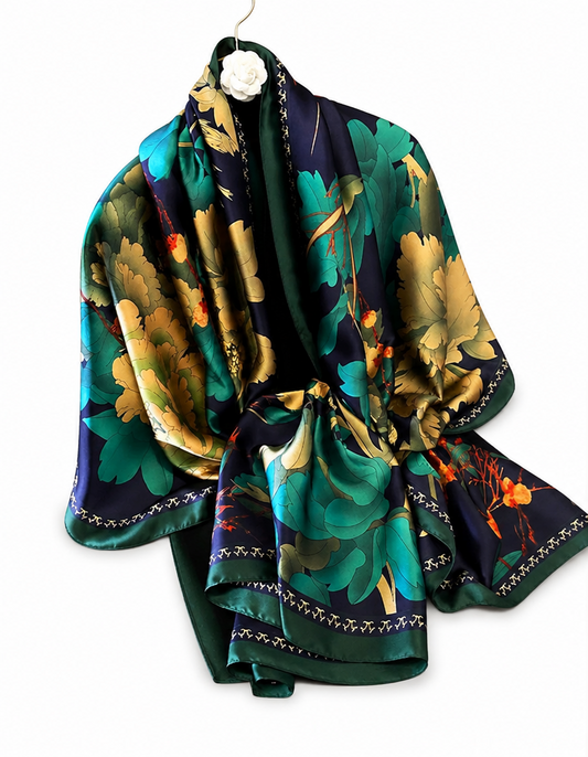 Navy Peony Botanical Print Silk-Feel Scarf 35" x 71"