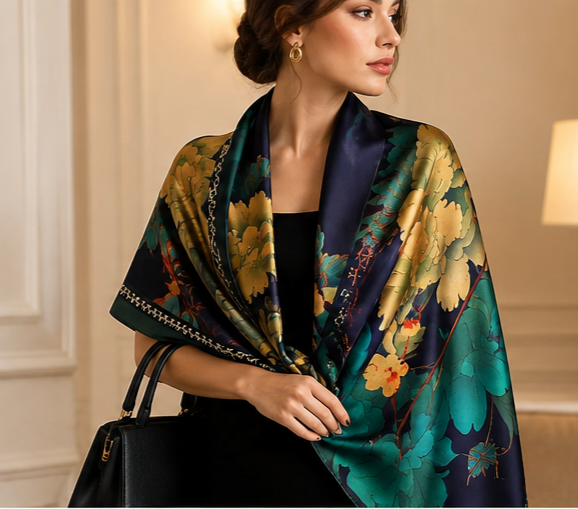 Navy Peony Botanical Print Silk-Feel Scarf 35" x 71"
