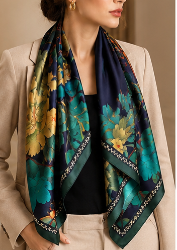 Navy Peony Botanical Print Silk-Feel Scarf 35" x 71"