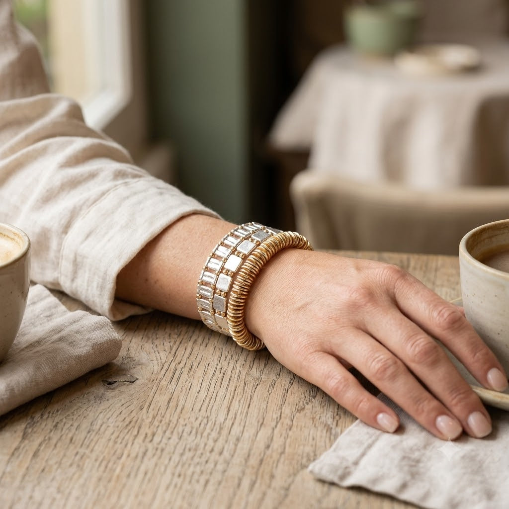 3 Piece Two Tone Metal Beaded Stretch Bracelet Set Multi Layer Stackable Bracelets for Women