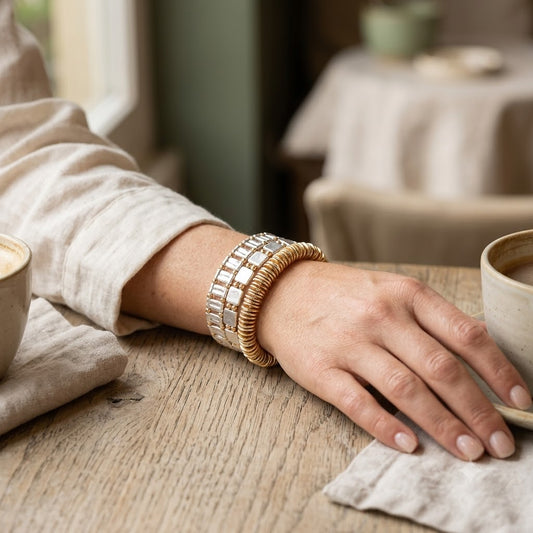 3 Piece Two Tone Metal Beaded Stretch Bracelet Set Multi Layer Stackable Bracelets for Women