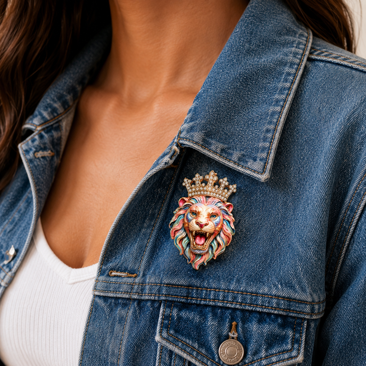 Colorful Crowned Lion Head Brooch Crystal Enamel Statement Pin