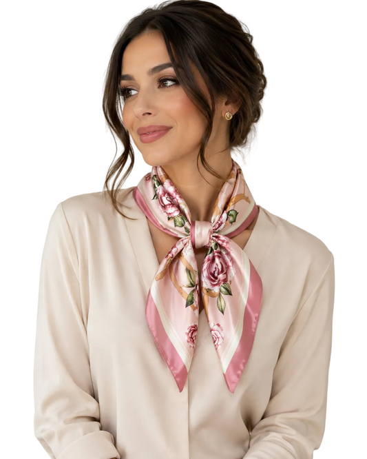 Women's Pink Peony Floral Silk Feel Square Scarf 27.5" Satin Head Neck Wrap