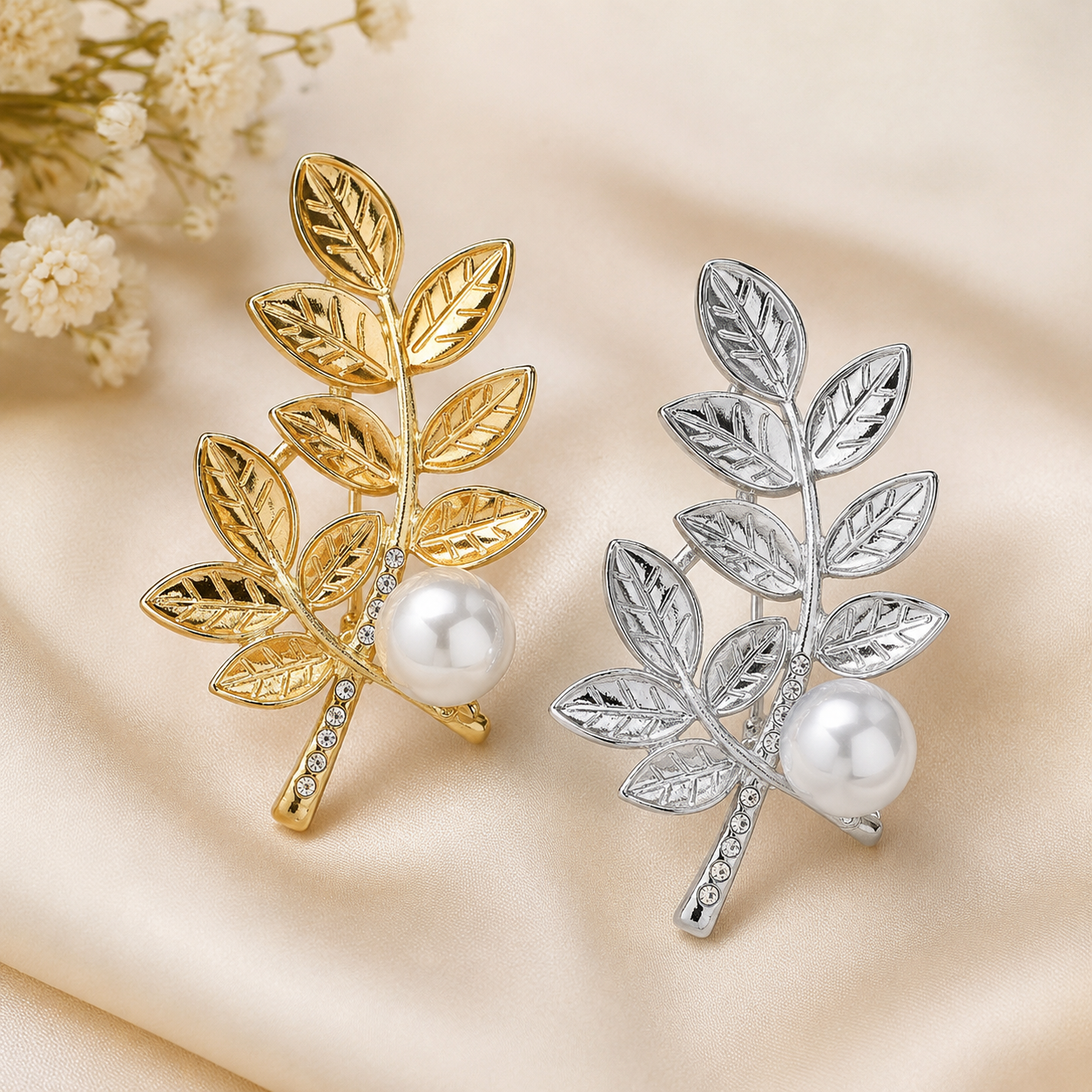 Leaf Pearl Brooch Pin | Rhinestone Botanical Lapel Pin