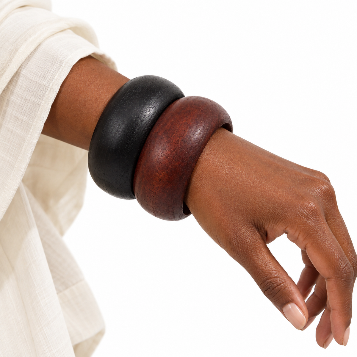 Black & Brown Wide Wood Bangle Bracelet Set, 2 Pieces