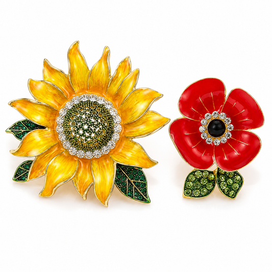 Sunflower & Red Flower Enamel Brooch Pin Set | 2 Piece Rhinestone Floral Pins
