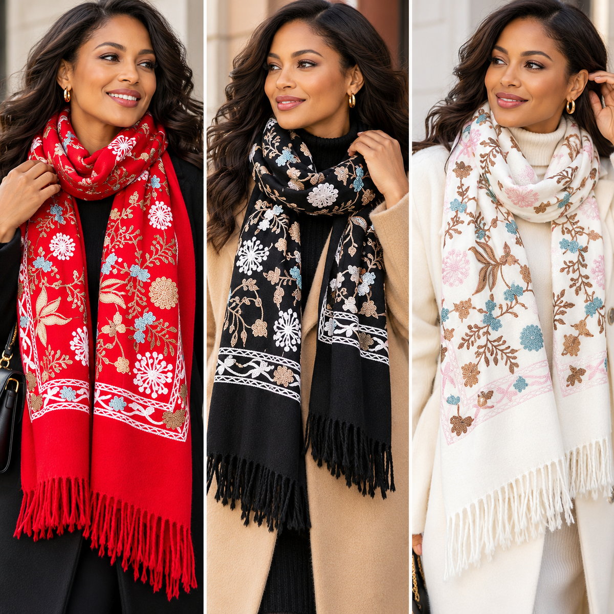 Women's 3-Piece Floral Embroidered Scarf Set in Red, Black & Ivory
