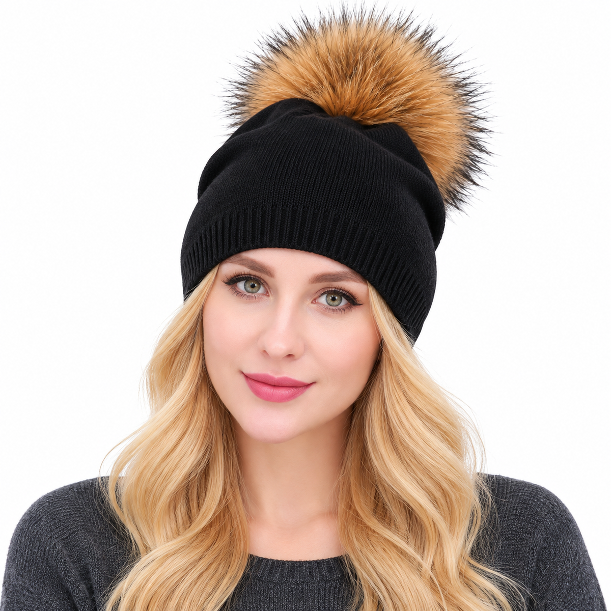 Women's Black Cashmere-Blend Beanie with Detachable Fur Pom Pom