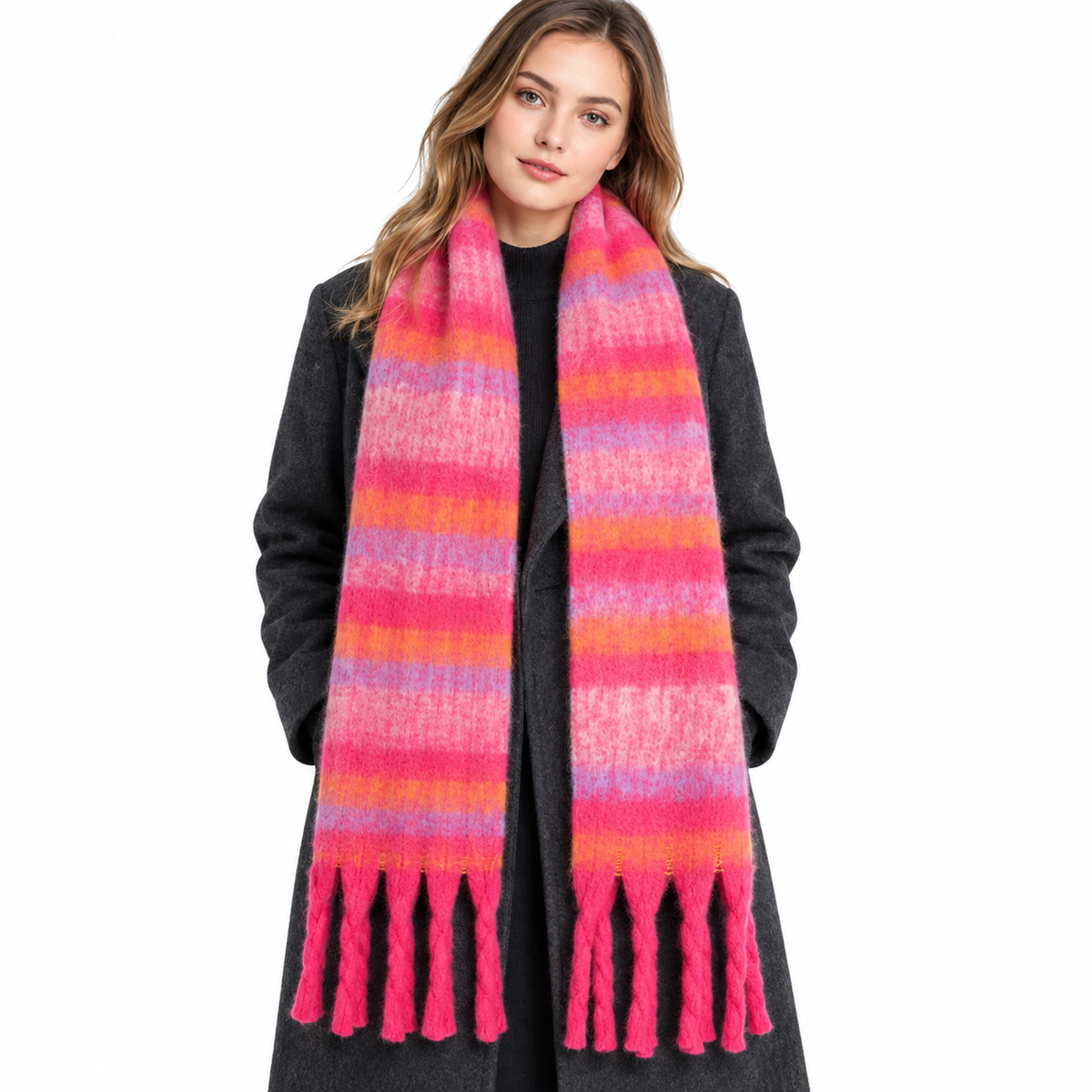 Women's Pink Striped Knitted Tassel Scarf Winter Warm Cozy Pashmina Shawl