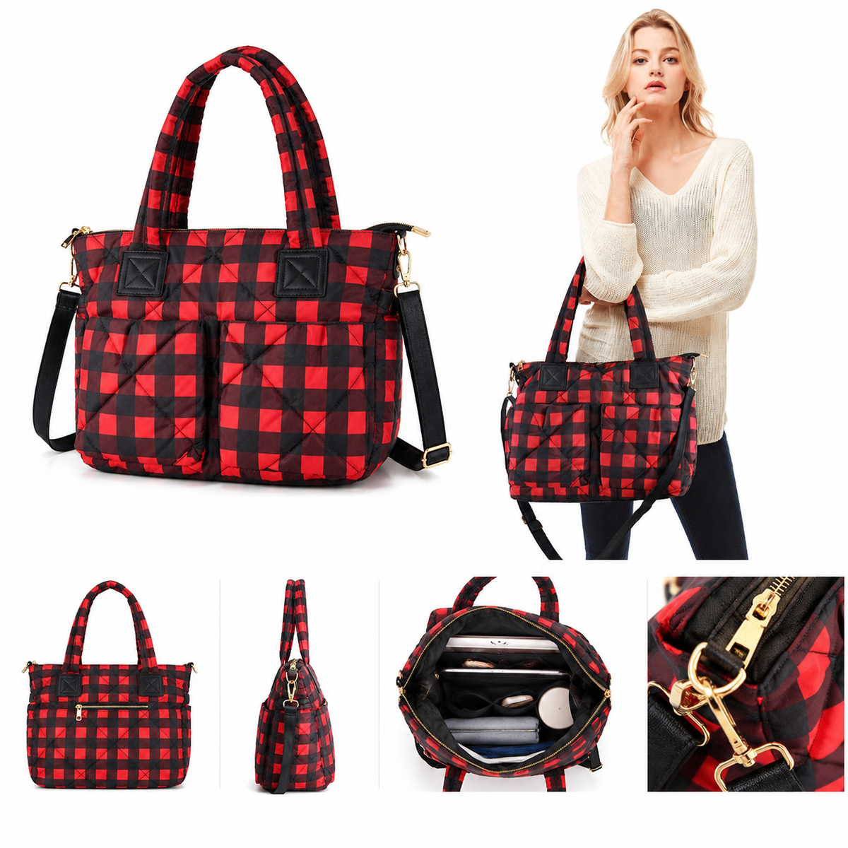 Buffalo Check Puffer Tote Bag – Women's Large Quilted Shoulder Bag