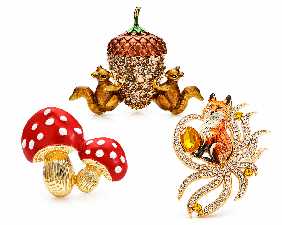 3-Piece Woodland Brooch Set – Fox, Mushroom & Squirrel