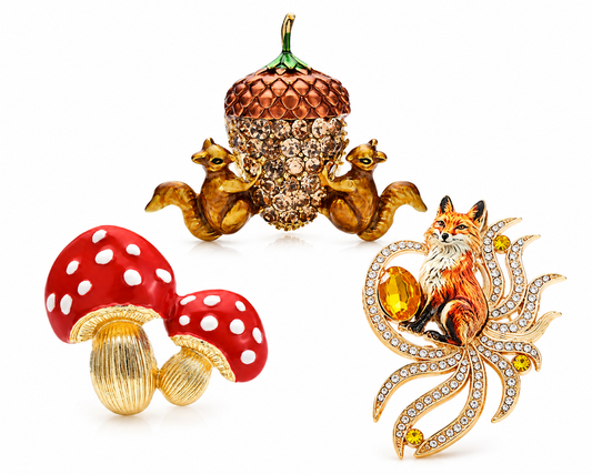 3-Piece Woodland Brooch Set – Fox, Mushroom & Squirrel