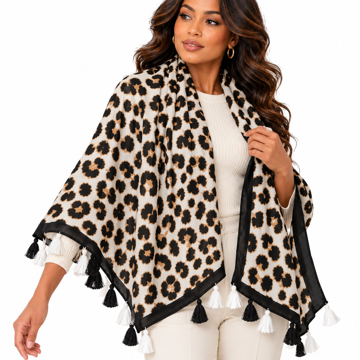 Oversized Leopard Print Scarf for Women with Tassel Trim